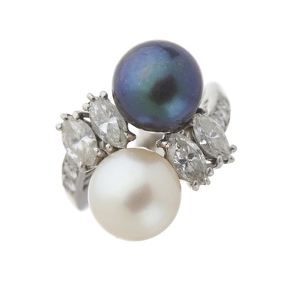 Lot 92 - A cultured pearl two-stone and diamond crossover ring