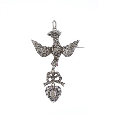 Lot 23 - A fine and rare mid 19th century diamond Saint Esprit dove and heart pendant brooch