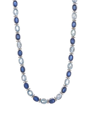 Lot 88 - An 18ct gold sapphire and aquamarine line necklace