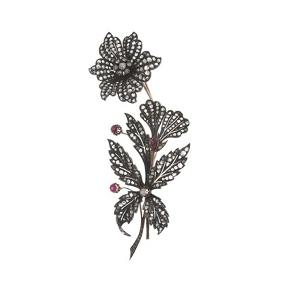 Lot 24 - A mid to late 19th century diamond and ruby floral spray brooch