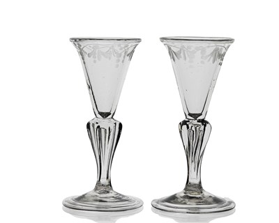 Lot 342 - A pair of Dutch engraved cordial glasses,...