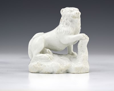 Lot 587 - A Bow porcelain figure of a lion, circa 1750,...