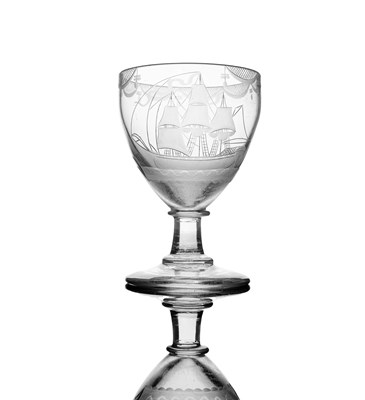 Lot 351 - A George III ship engraved glass rummer, circa...