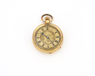 Lot 47 - An 18ct gold chased pocket watch, black...