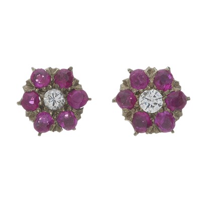 Lot 66 - A pair of early 20th century gold ruby and diamond cluster stud earrings