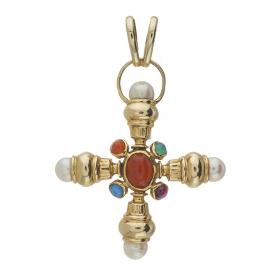 Lot 137 - A 14ct gold multi-gem cross pendant