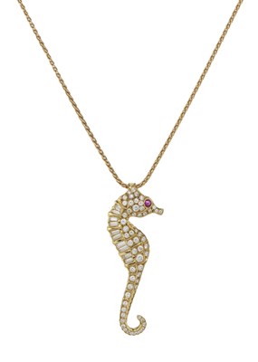 Lot 115 - Boodles, an 18ct gold diamond and ruby seahorse pendant, with chain