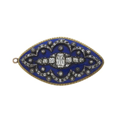 Lot 17 - A 19th century gold blue enamel and diamond pendant brooch