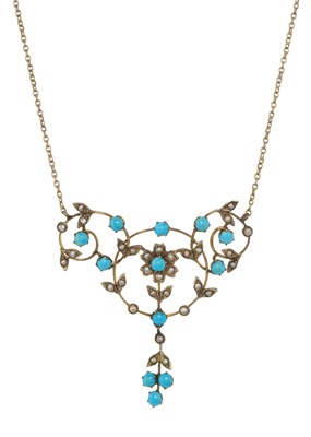 Lot 15 - An Edwardian gold turquoise and split pearl floral necklace