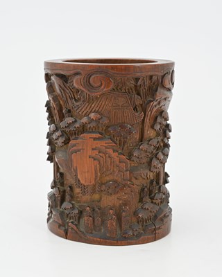 Lot 326 - A Chinese carved bamboo brush pot, decorated...