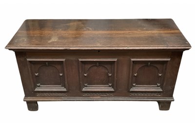 Lot 963 - An 18th-century oak three-panel chest, arcaded...