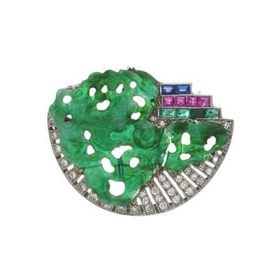 Lot 52 - An Art Deco jade, diamond, ruby, sapphire and emerald brooch