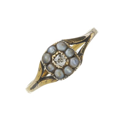 Lot 8 - A late Georgian gold diamond and pearl cluster ring