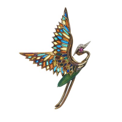 Lot 78 - A 14ct gold enamel, ruby and diamond crane bird brooch