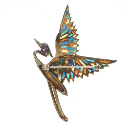 Lot 78 - A 14ct gold enamel, ruby and diamond crane bird brooch