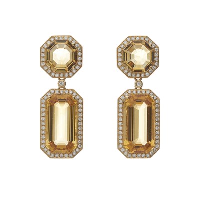 Lot 113 - A pair of 18ct gold citrine and diamond drop earrings