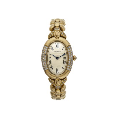 Lot 212 - Cartier, an 18ct gold diamond Baignoire bracelet watch