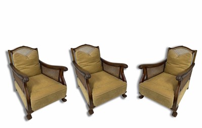 Lot 948 - Three Bergere cane upholstered arm chairs with...