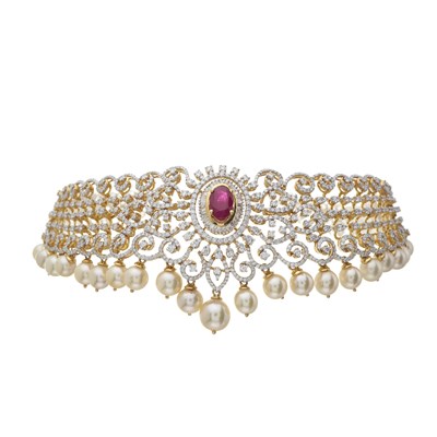 Lot 184 - An 18ct gold ruby, diamond and pearl choker necklace