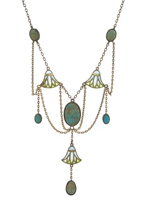 Lot 46 - An Art Nouveau silver gilt turquoise and plique-a-jour enamel scarab festoon necklace