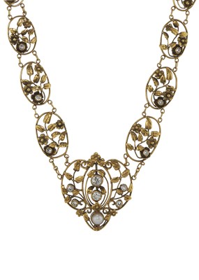 Lot 62 - Edward Oakes (attr.), an American Arts & Crafts gold, diamond and pearl floral necklace