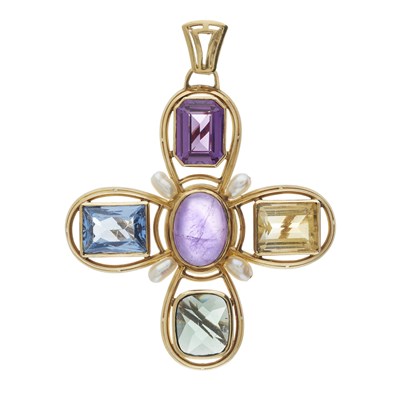 Lot 114 - A gold multi-gem Greek cross openwork pendant