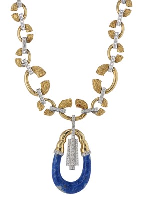 Lot 144 - An impressive 1970s 18ct gold diamond and lapis lazuli necklace