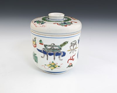 Lot 391 - A Chinese Wucai pot and cover, waisted...