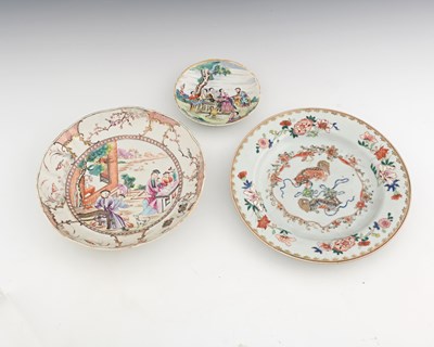 Lot 394 - Three Chinese famille rose plates, 18th...