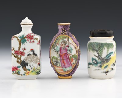 Lot 383 - Three Chinese porcelain snuff bottles,...