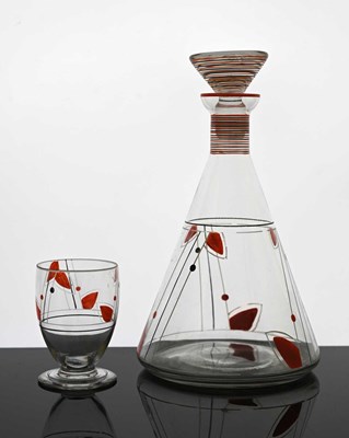 Lot 513 - An Art Deco enamelled glass cocktail decanter...