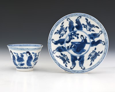 Lot 384 - A Chinese blue and white tea bowl and saucer,...