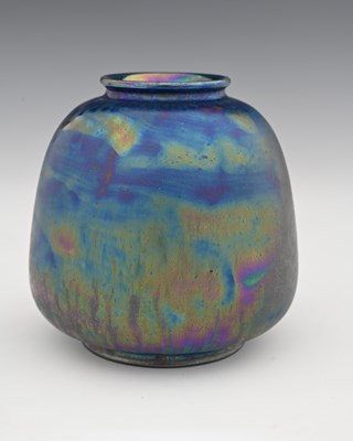 Lot 595 - Ruskin Pottery, a Kingfisher blue lustre vase,...