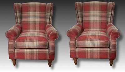 Lot 943 - A pair of tartan upholstered wingback...