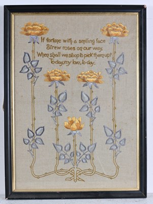 Lot 193 - An Arts and Crafts embroidered panel, five...