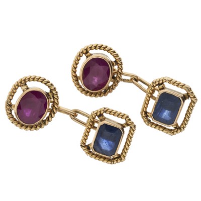 Lot 97 - A pair of gold sapphire and ruby cufflinks