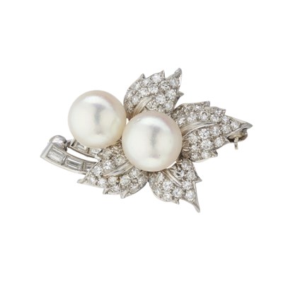 Lot 79 - A mid 20th century platinum cultured pearl and diamond foliate brooch