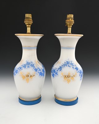 Lot 478 - A pair of French alabaster opaline glass lamp...