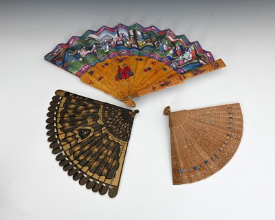 Lot 445 - Three Chinese Canton Qing dynasty fans. One, a...