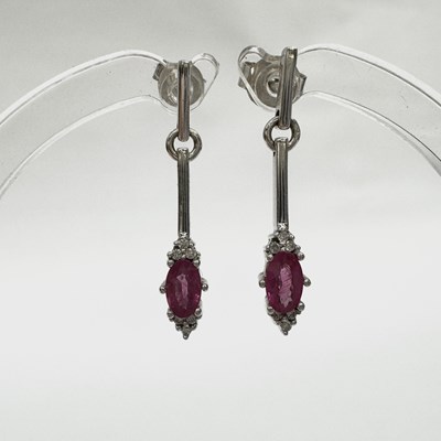 Lot 619 - A pair of 18ct gold pink sapphire and diamond drop earrings