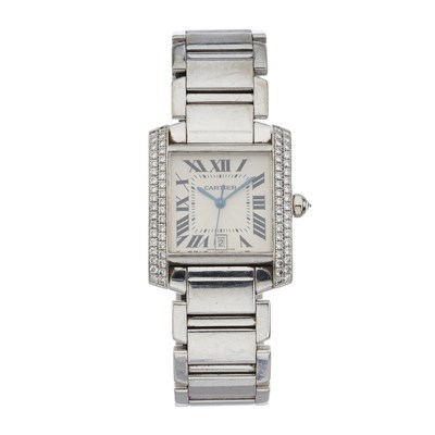 Lot 227 - Cartier, an 18ct white gold diamond set Tank Francaise bracelet watch