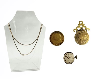 Lot 605 - A small selection of yellow metal jewellery and an Omega watch movement