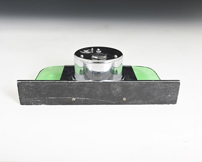 Lot 199 - An Art Deco chrome and green glass clock,...
