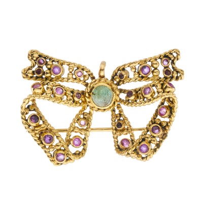 Lot 187 - An 18ct gold emerald and pink sapphire bow pendant brooch