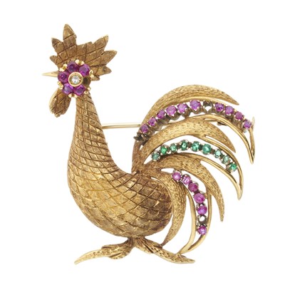 Lot 189 - An 18ct gold ruby, emerald and diamond rooster brooch