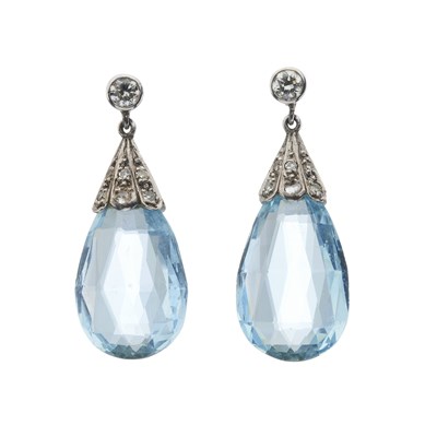 Lot 159 - A pair of Art Deco aquamarine briolette and diamond drop earrings