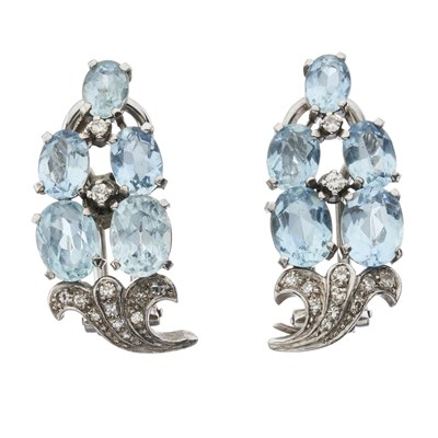 Lot 66 - A pair of mid 20th century aquamarine and diamond cluster earrings