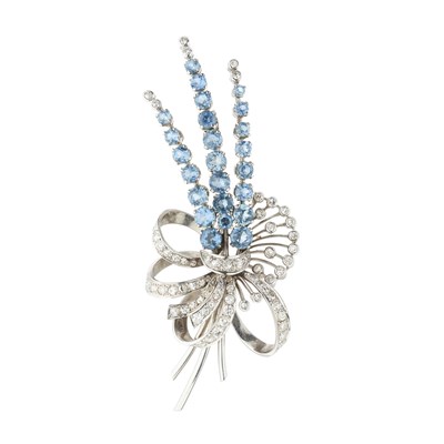 Lot 68 - A mid 20th century aquamarine and diamond floral spray brooch