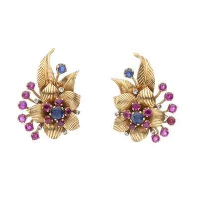 Lot 71 - A pair of mid 20th century 18ct gold multi-gem floral earrings