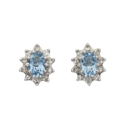 Lot 177 - A pair of 18ct gold aquamarine and diamond cluster stud earrings